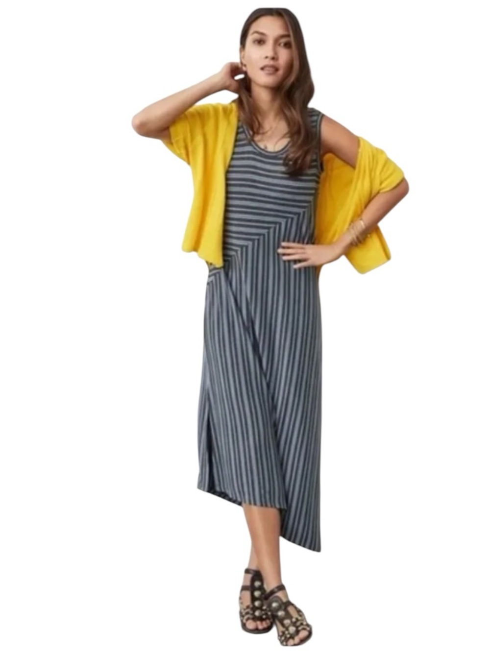 CAbi “Dia” Asymmetrical Hem Sleeveless Blue and Gray Striped Midi Dress (C)